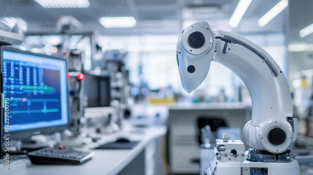 Poster High-tech robot engaged in research and development activities within an advanced laboratory environment showcasing blinking lights and computer interfaces