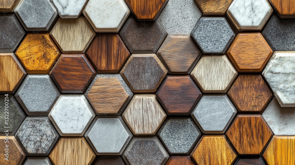 Poster unique arrangement of hexagonal tiles showcasing various textures and colors in a modern interior de
