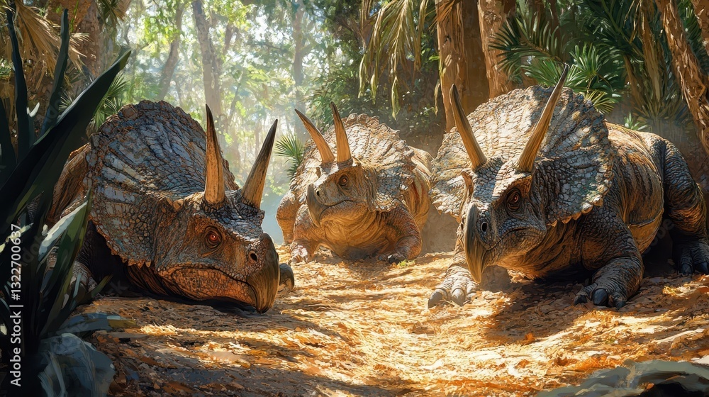 Poster three large triceratops are resting together in a forest setting