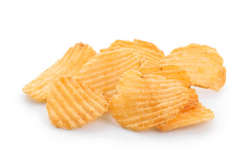 Pile of tasty ridged potato chips isolated on white