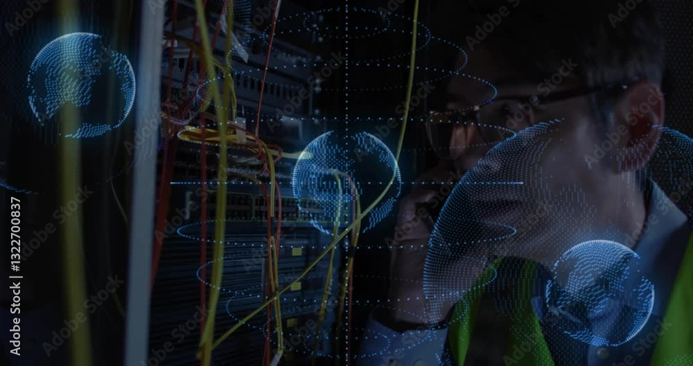 Poster working on server, technician with digital globe and animation data visualization