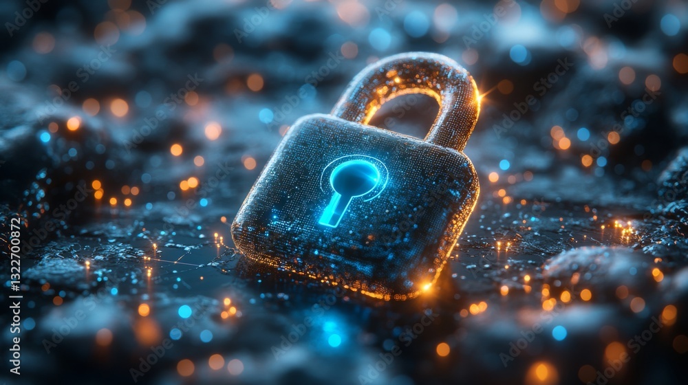 Fototapete A digital representation showcases a glowing padlock symbolizing quantum encryption in a complex data landscape, emphasizing key concepts like superposition and entanglement.