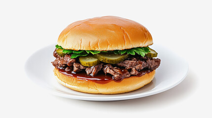 Hearty pulled beef sandwich with barbecue sauce captured overhead to showcase a gourmet dining experience