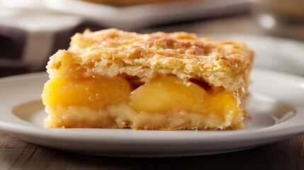 Peach Cobbler on a white dessert plate. The slice shows a moist, tender crumb with juicy, cinnamon-spiced peach filling and a golden, buttery topping