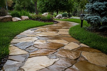 Beautiful stone pathway winding through a lush garden with greenery and lighting at dusk