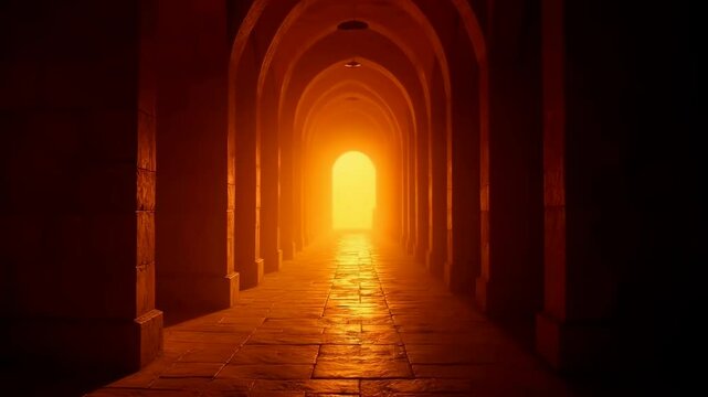 Ancient cathedral hallway with arched ceiling. Gothic architecture interior illuminated by warm light. Mystery and spirituality concept for religious background