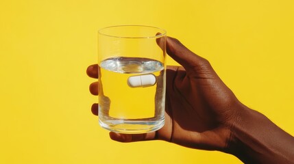 A hand holding a glass of water with a single pill