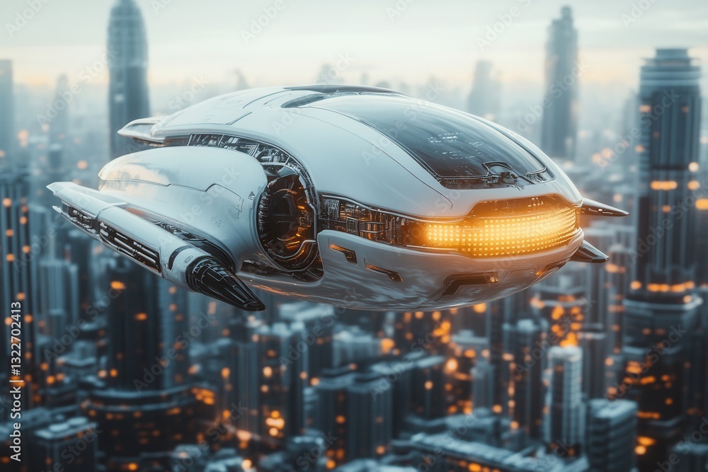 Poster stylish futuristic spaceship hovers over a sleek cityscape with a glowing engine illuminating the ur