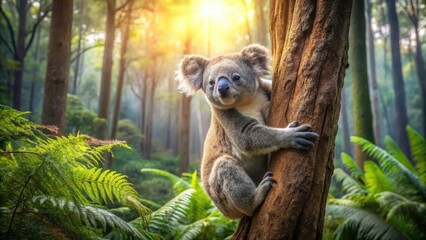 Fototapeta premium A Young Koala Bear Embraces a Tree Trunk in a Sun-Drenched Forest