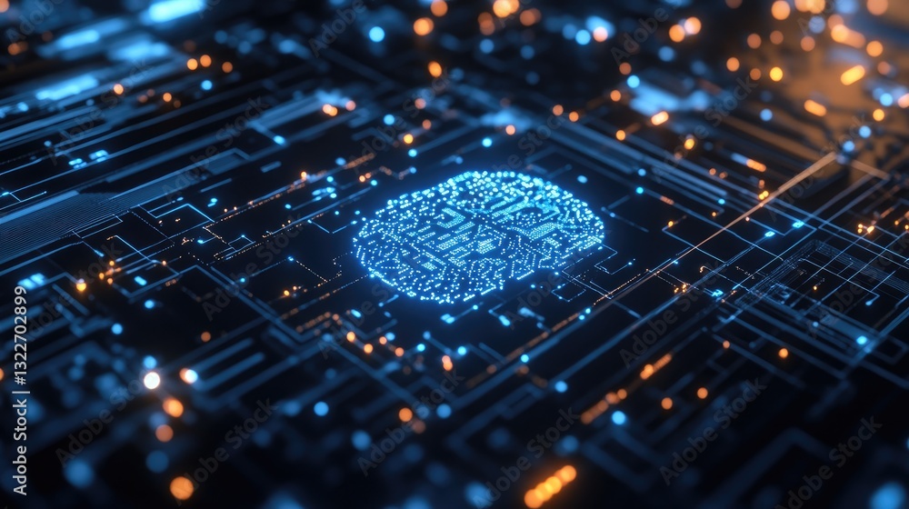 Poster a technology-themed symbol embedded in a futuristic control panel, representing ai-driven automation