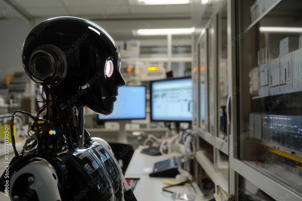 Aufkleber Robot explores high-tech laboratory with blinking lights and computer screens
