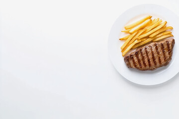 Deliciously plated steak frites with crispy fries on a white plate captured from a top-down perspective