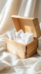 Wooden box containing white tissue paper on soft linen fabric