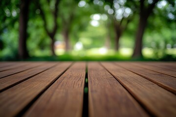 Wooden Decking with Green Park Background