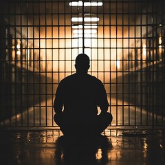 A solitary prisoner sits facing jail cell bars in contemplation