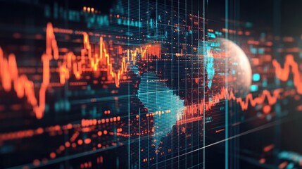 A trade and investment theme with a stylized Earth, financial data overlays, and economic development indicators.