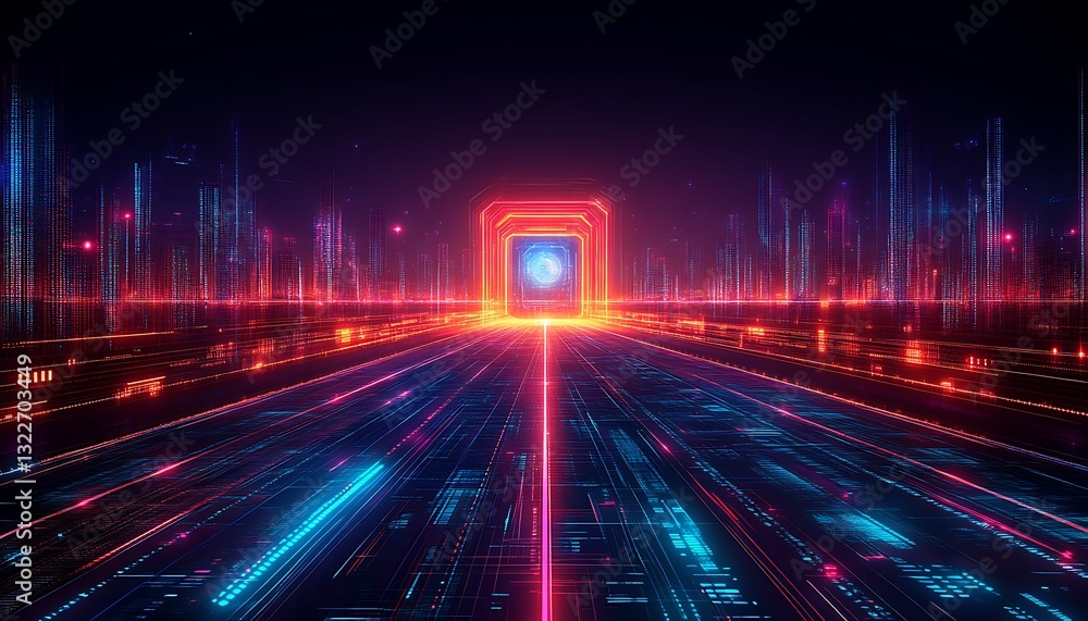 Poster futuristic digital portal with glowing lights and data pathways on display