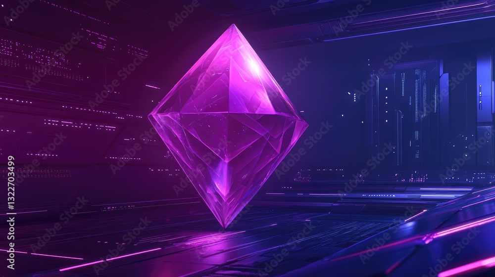 Poster a vibrant digital tech symbol in a triadic color scheme, floating in a high-tech environment with fu