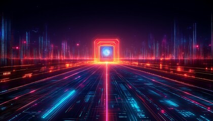 Futuristic digital portal with glowing lights and data pathways on display