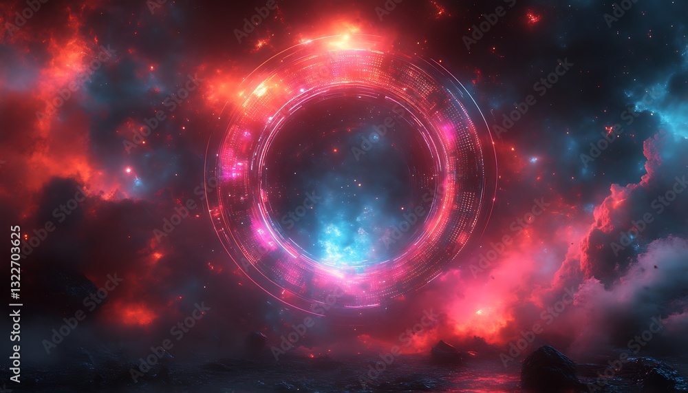 Poster glowing circular structure with celestial background of clouds and stars