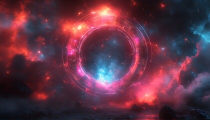 Obraz premium Glowing circular structure with celestial background of clouds and stars
