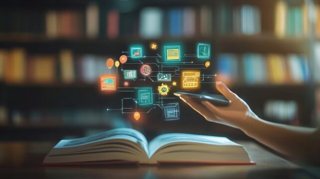 A virtual reality education setting featuring floating holographic icons symbolizing different academic disciplines.