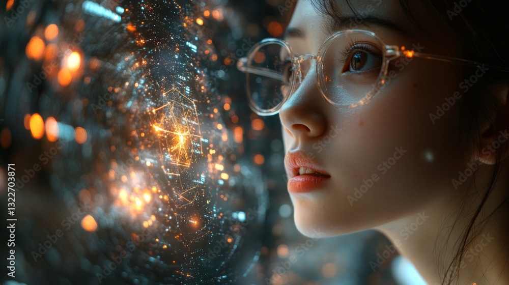 Poster a young woman with glasses contemplates the intricate world of quantum mechanics, featuring glowing 