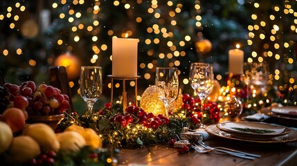 Festive holiday party scene with twinkling Christmas lights elegant table settings and a warm seasonal ambiance