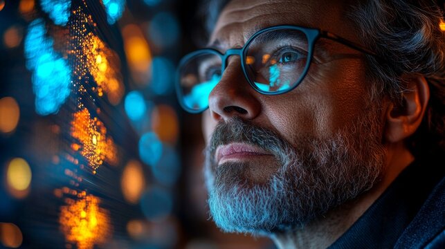 A glasses-wearing person studies quantum computing concepts like qubits and decoherence, analyzing datasets and optimization techniques in a dimly lit room with soft blue and orange lights.