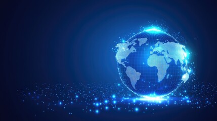 Fototapeta premium Cryptocurrency and global economy theme with blockchain symbols, a world globe, and virtual coins.