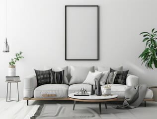 Minimalist living room interior with a blank poster frame above a white sofa. a coffee table. and plants