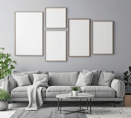 Minimalist living room with grey sofa. coffee table. plants. and blank frames on a grey wall