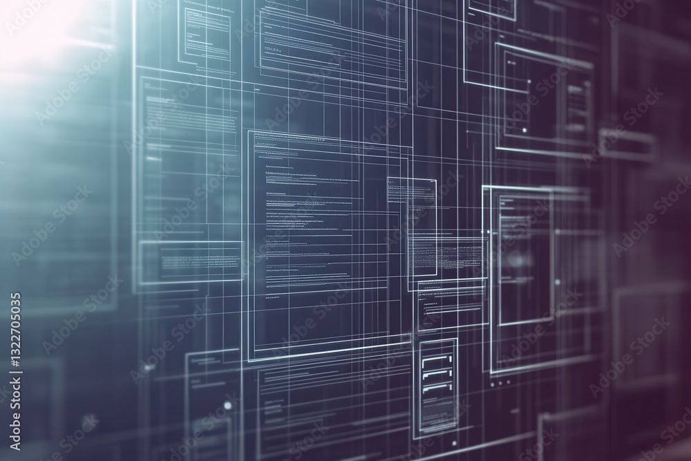 Poster Sleek UIUX wireframe background with grid lines and transparent elements showcasing design mockups for digital branding resources