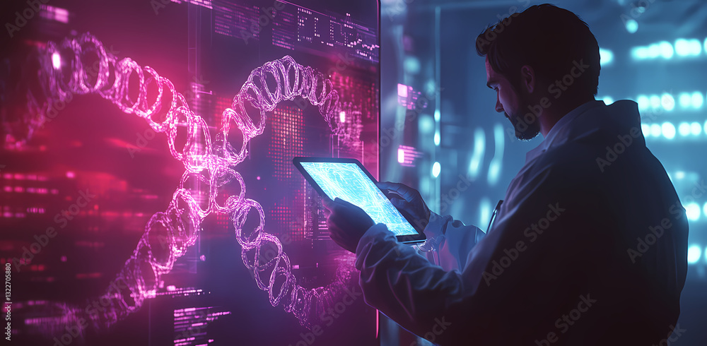 Poster unveiling the code: a scientist in a high-tech laboratory, absorbed in studying a holographic dna st