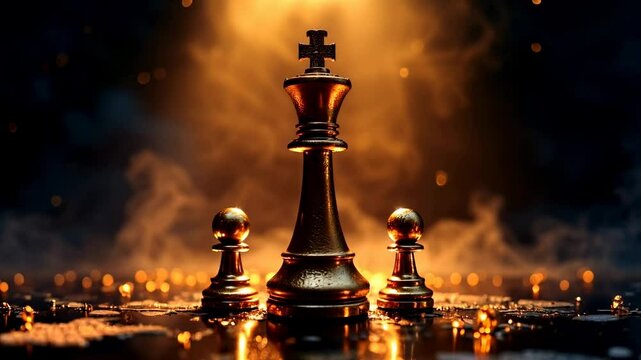 Chess king and pawns on dramatic golden background. Strategy game pieces in spotlight. Power, leadership and competition concept for business