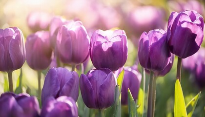 Vibrant Violet Tulips Bloom in Detail amidst a Spring Garden Panorama, Capturing the Essence of Natures Blooming Delight.