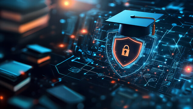 Secure Education: A symbolic representation of secure education, with a graduation cap atop a shield, representing protection against the digital world's challenges.