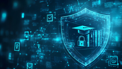 Academic Shield: A digital shield protecting education. Depicting security and knowledge, it reflects the protection and advancement of learning.