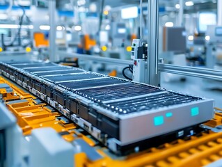 Mass production assembly line electric vehicle battery cells view Automation industry production manufacture and factory background
