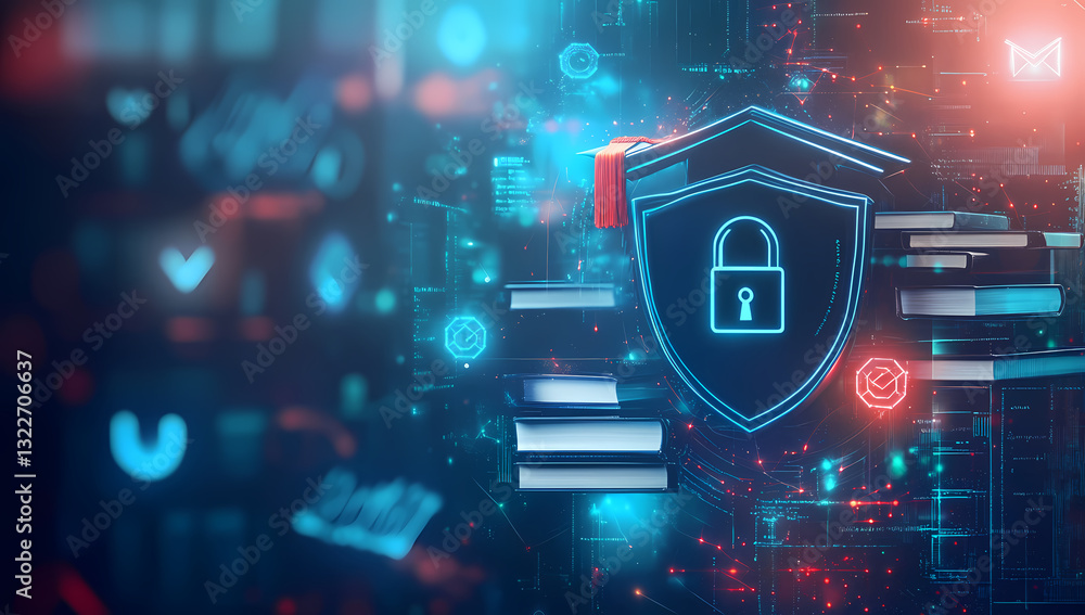 Poster digital fortress: a vibrant display showcasing cyber security, with an emblem of a shield and lock, 
