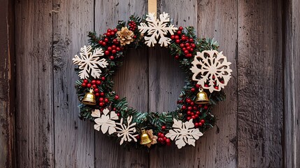 Festive wooden Christmas wreath made of hand carved snowflakes gold bells and red berries hanging on a rustic wooden door