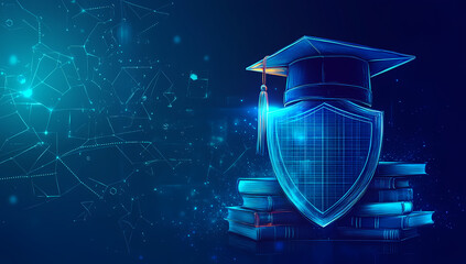 Education Security: A futuristic illustration symbolizing the safeguarding of knowledge, featuring a graduation cap atop a protective shield over a stack of books