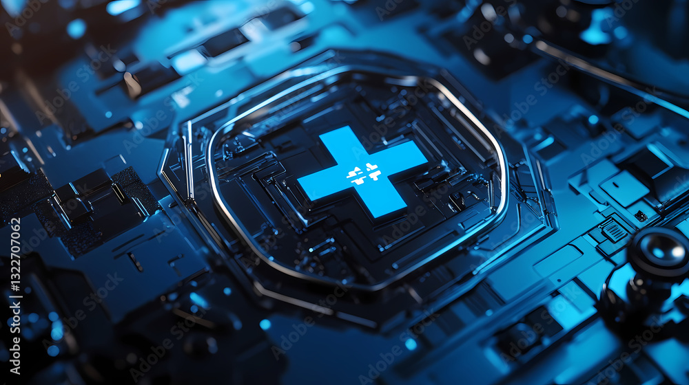 Poster blue tech: a close-up shot of a complex electronic circuit board featuring glowing elements. emphasi