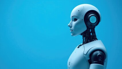the robot is facing forward and raised his hand up, smiling , household assistants, artificial intelligence, helping a person, light background, free space on the side for text