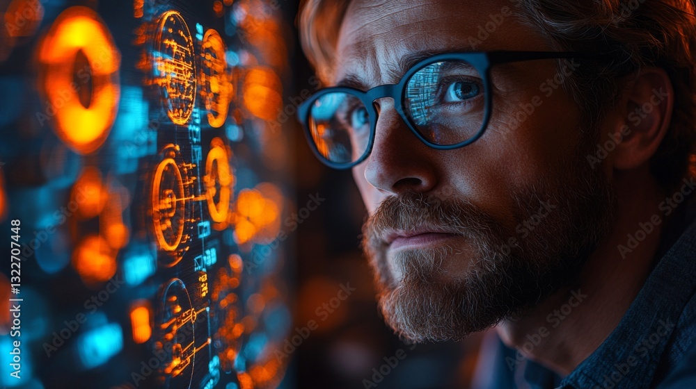Aufkleber A focused individual examines a glowing digital interface showcasing complex quantum concepts like superposition and entanglement. The vibrant data visualizations suggest deep analysis.