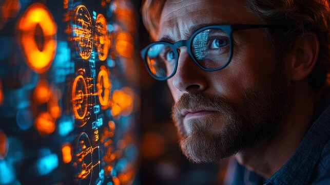 A focused individual examines a glowing digital interface showcasing complex quantum concepts like superposition and entanglement. The vibrant data visualizations suggest deep analysis.