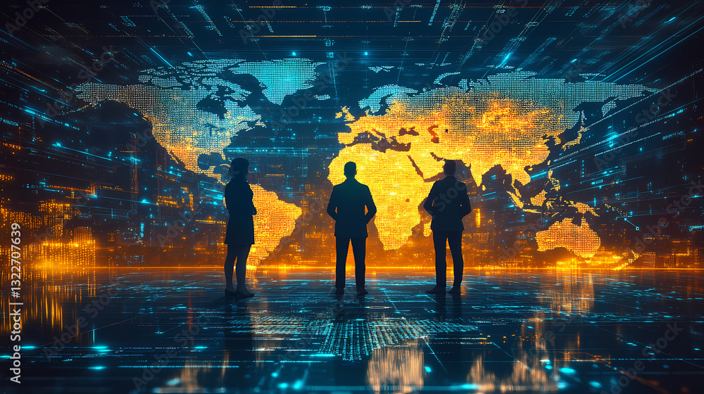 Poster global data analysis: three figures, silhouetted against the vibrant, interconnected network of a di