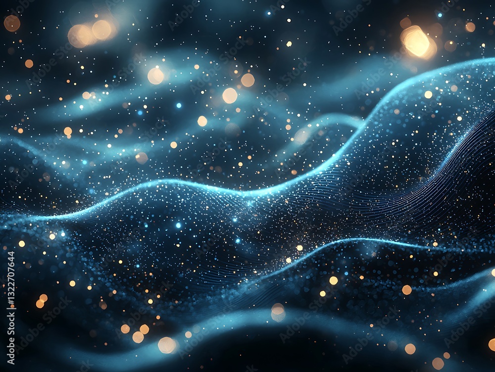 Poster blue waves of particles floating with golden bokeh lights