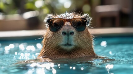 Cool capybara chilling in a pool, wearing sunglasses. Summer vibes!