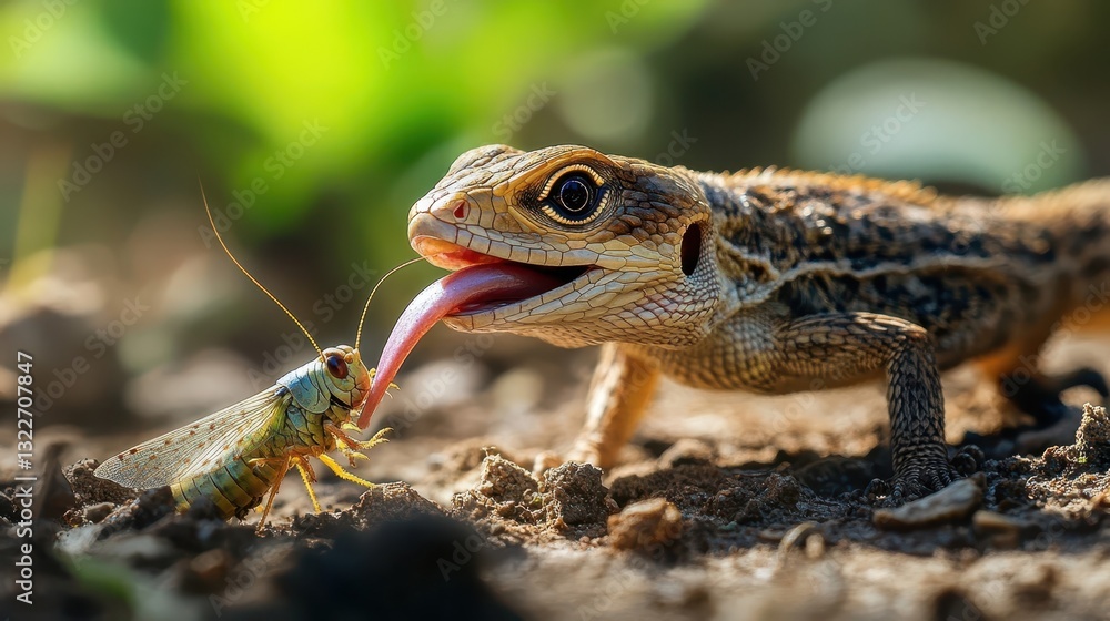 Poster a lizard extends its tongue towards a colorful grasshopper insect